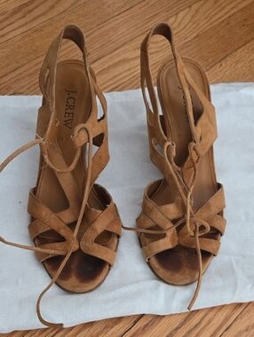 J. Crew Tan Suede Lace-Up Open-Toe Wedges